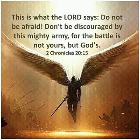 Winged figure with sword over battlefield, with Bible verse text on a warm brown background.
