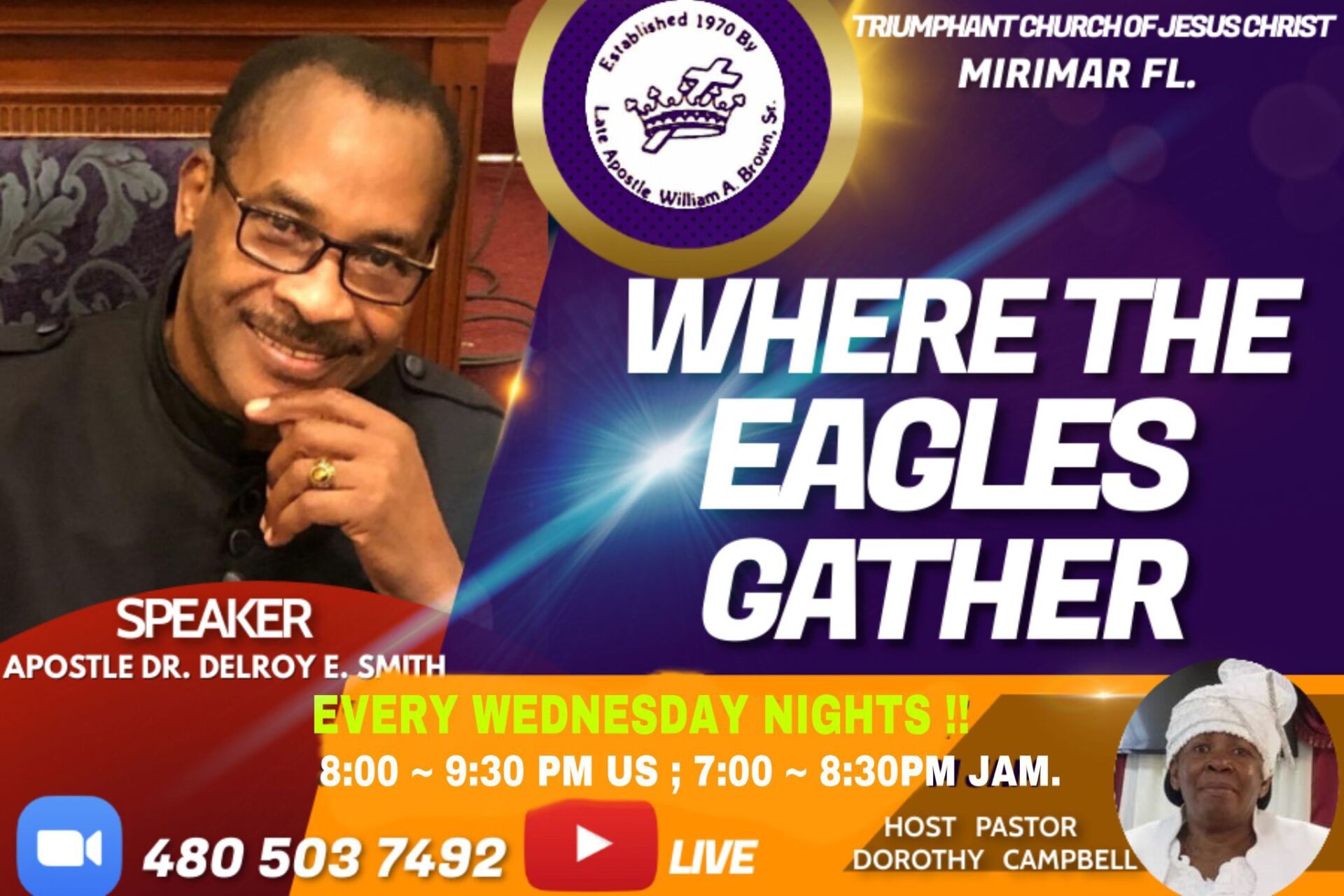 Church event flyer with speaker portrait, “Where the Eagles Gather,” Wednesday night 8:30 p.m. to 9:30 p.m.