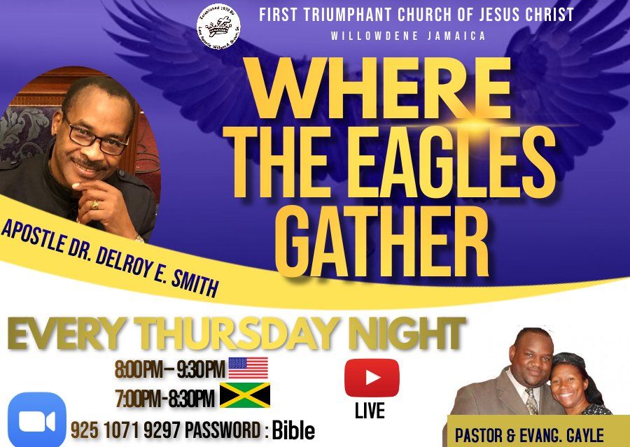 Church livestream flyer reading “Where the Eagles Gather” with two men, Thursday night service details, and live icons